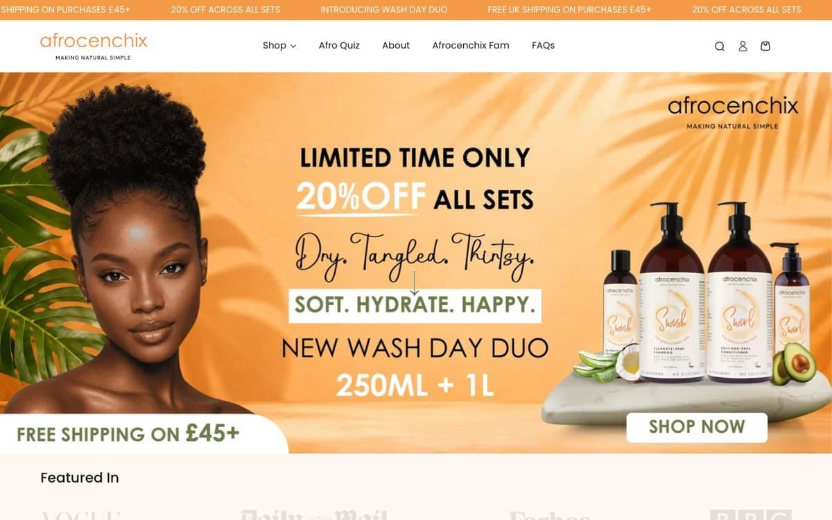 The Afrocenchix homepage, with a promotional hero, shop by category navigation and featured press logos