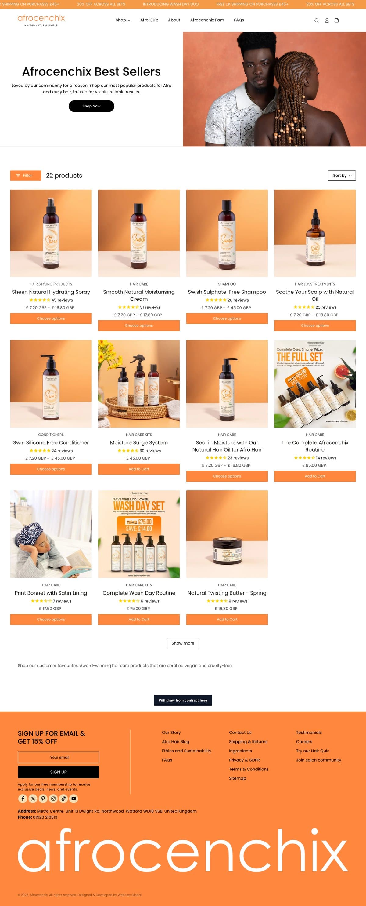 The Afrocenchix Best Sellers collection page, showing a filterable grid of 22 products with ratings and prices