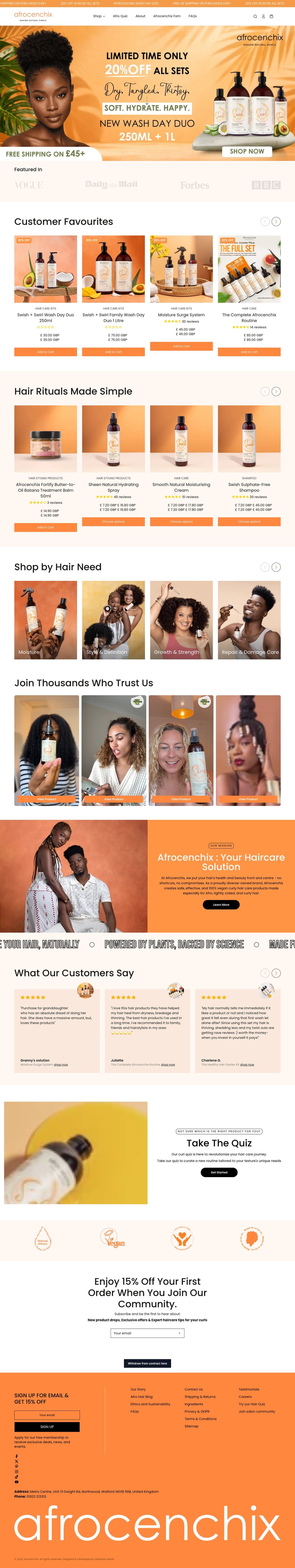 The Afrocenchix homepage, with a promotional hero, customer favourites, shop by hair need, press logos, and customer reviews
