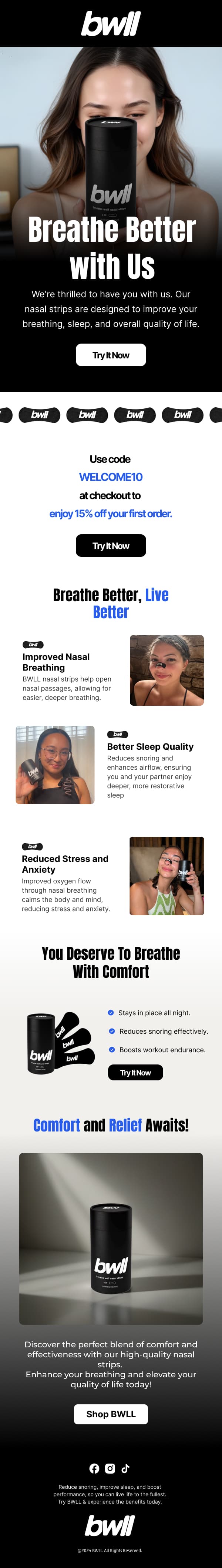 BWLL welcome email: Breathe better with us, with a first-order discount code and product benefits