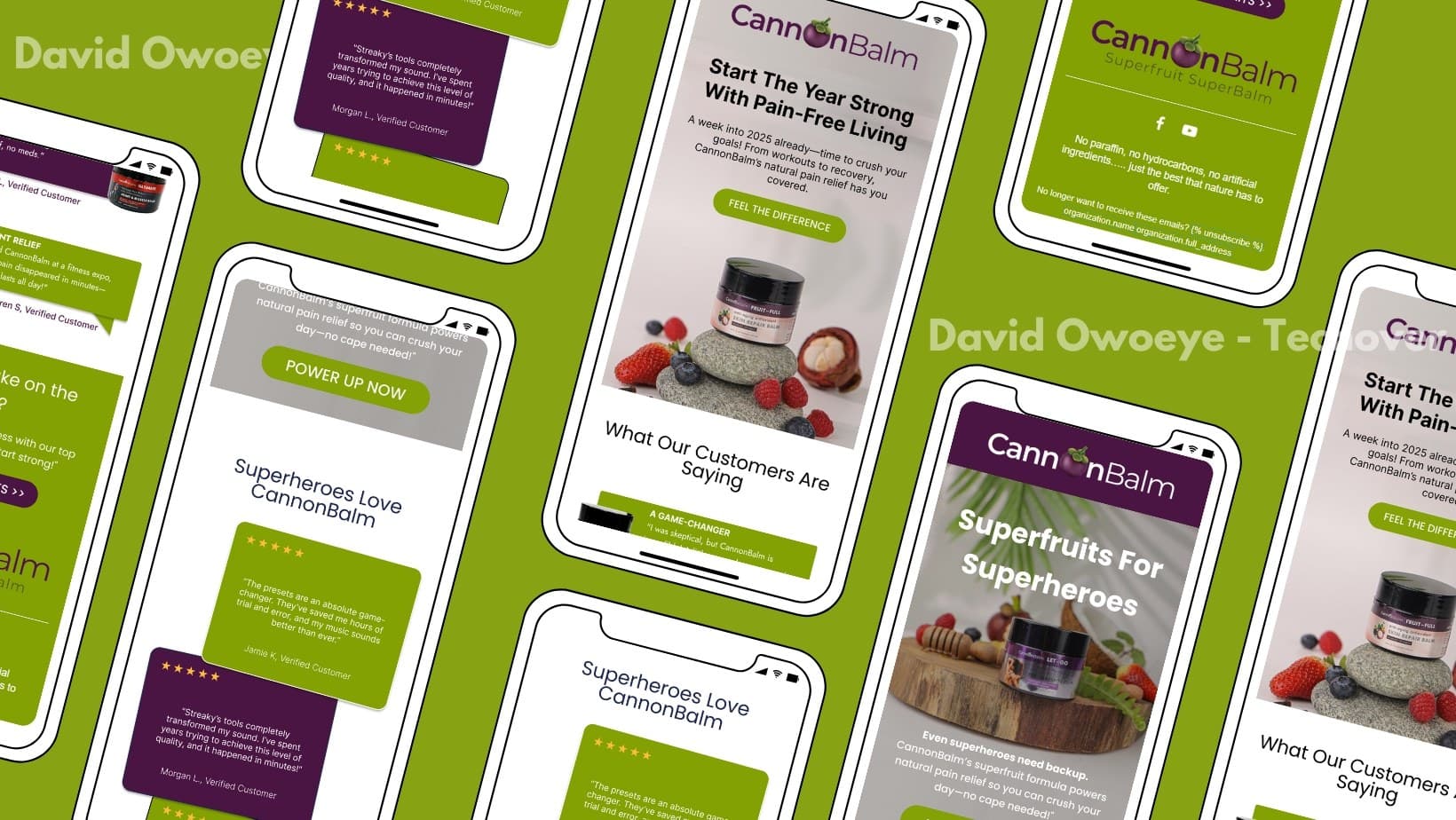 A collage of phone mockups showing CannonBalm emails, including Start The Year Strong, Superfruits For Superheroes, and customer reviews