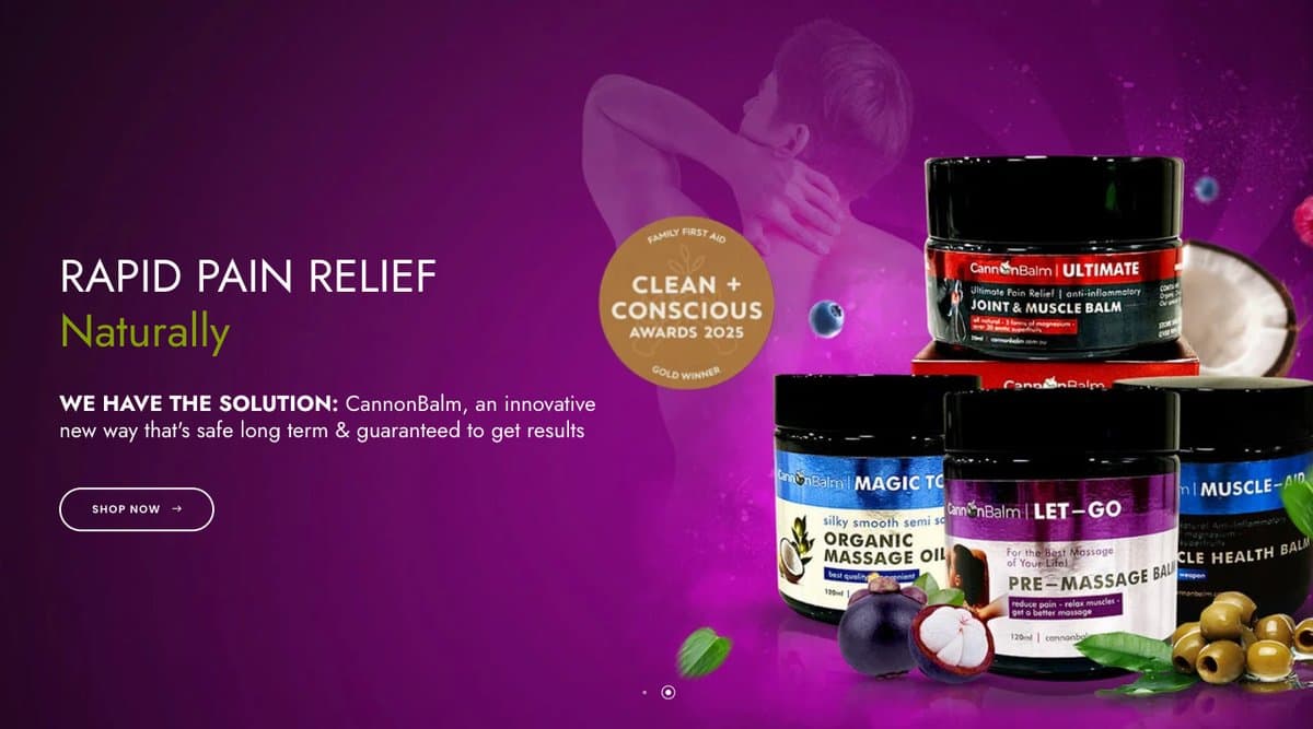 The CannonBalm homepage hero, showing the Ultimate, Let-Go, Magic Touch and Muscle-Aid balms under the headline Rapid Pain Relief Naturally