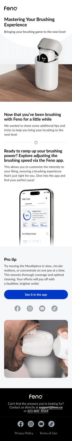 An alternate version of the Feno Mastering Your Brushing Experience email with a product photo header