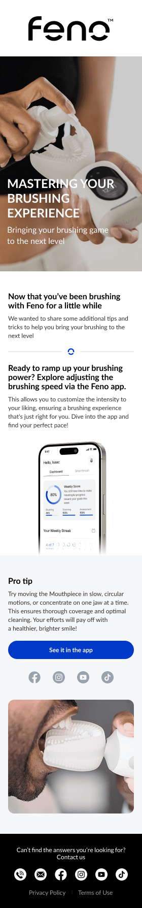 Feno email: Mastering your brushing experience, with a tip on adjusting brushing speed in the Feno app and a pro tip