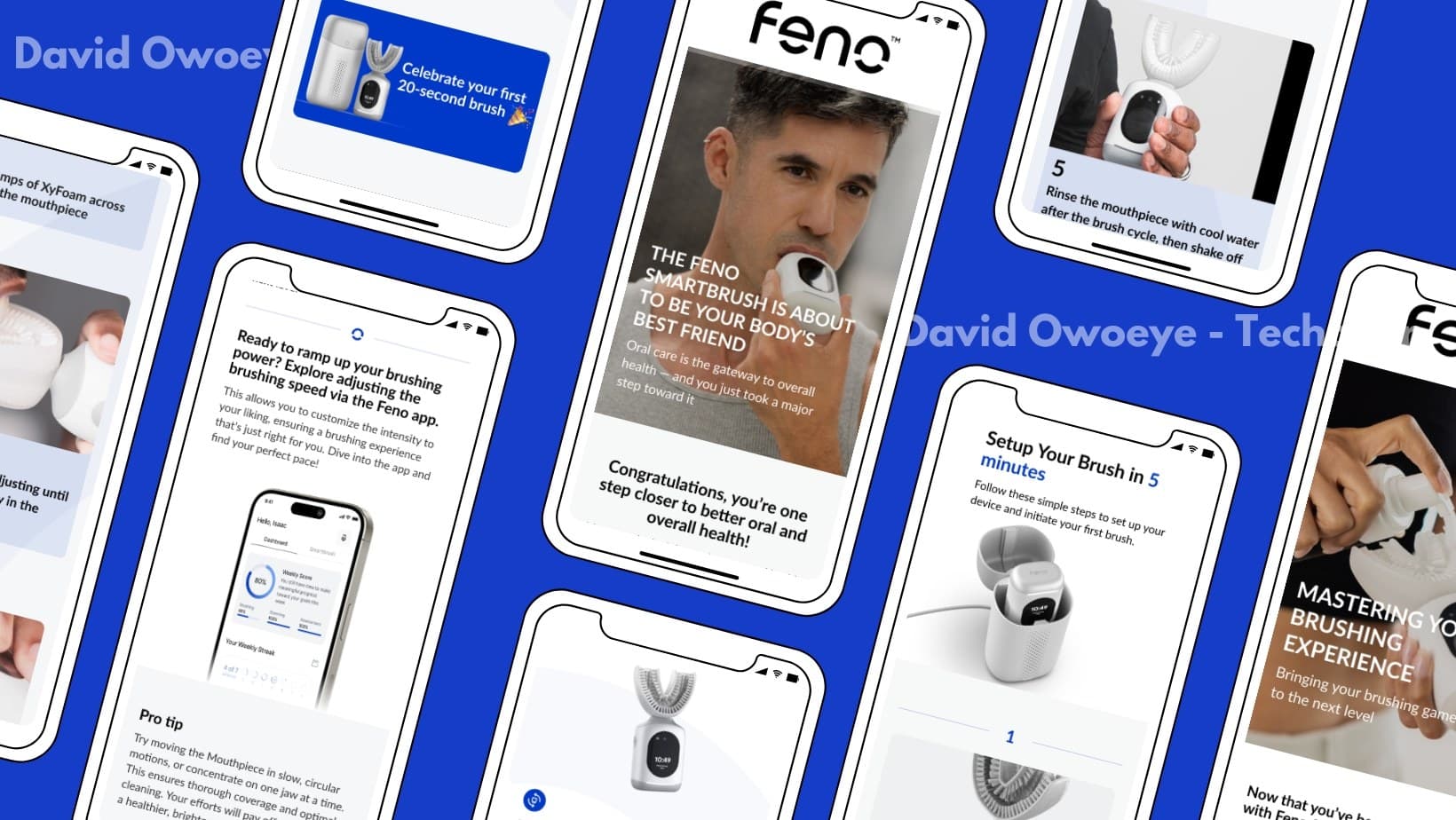 A collage of phone mockups showing Feno emails, including the Smartbrush setup steps and the Mastering Your Brushing Experience tips