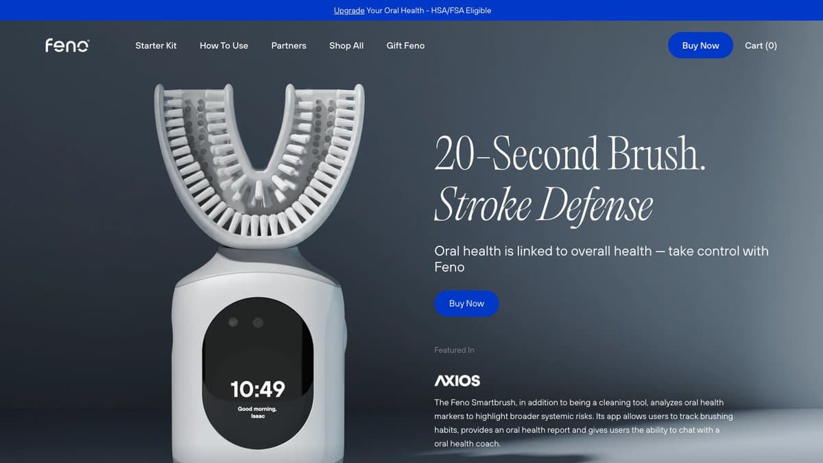 The Feno homepage hero, showing the Smartbrush with the headline 20-Second Brush. Stroke Defense