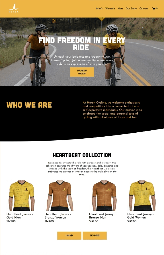The Heron Cycling homepage, with a hero, a who we are section, and the Heartbeat Collection jersey grid