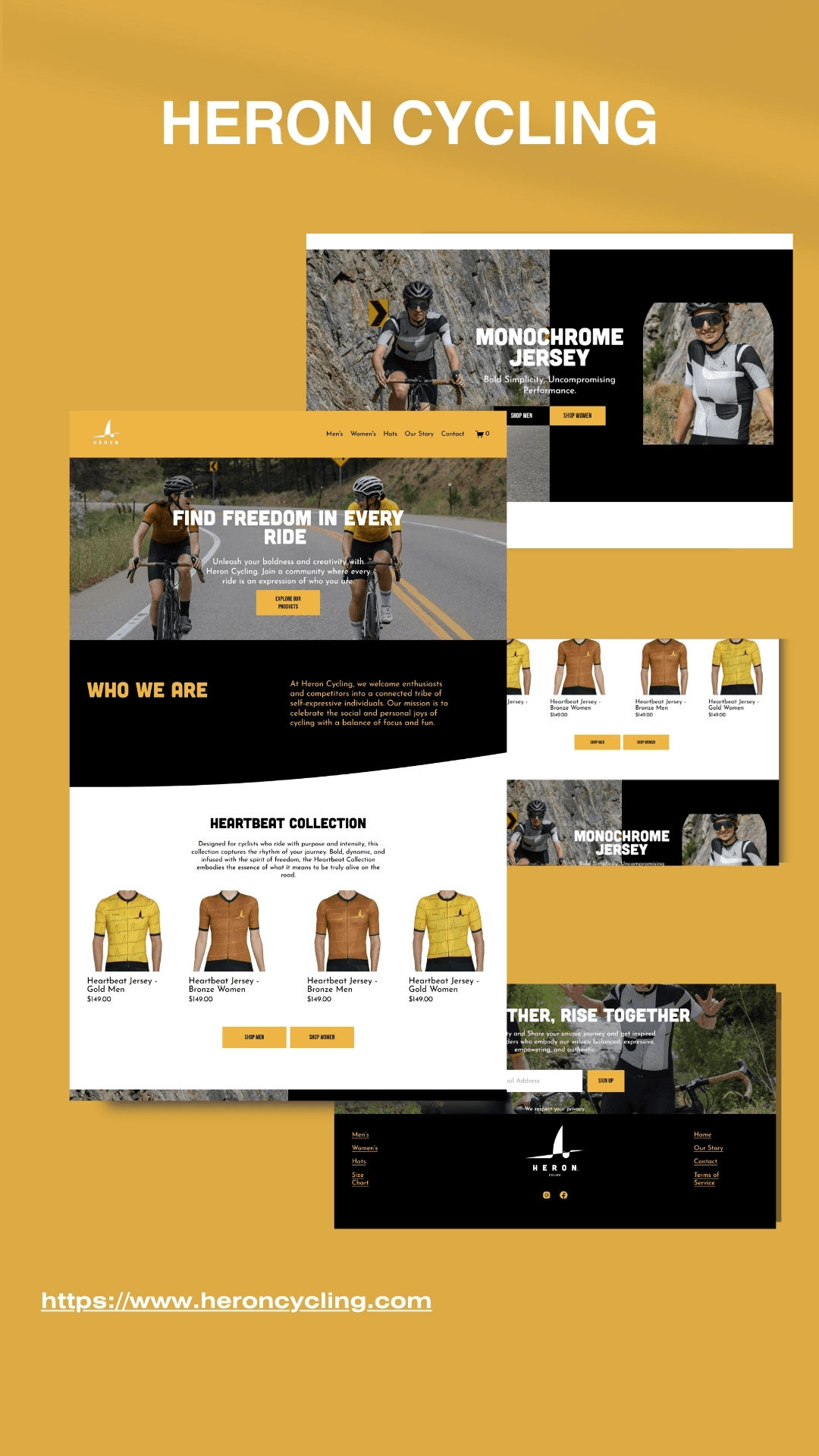 A collage of the Heron Cycling store, including the homepage, the Monochrome Jersey banner, the Heartbeat Collection, and the community signup and footer
