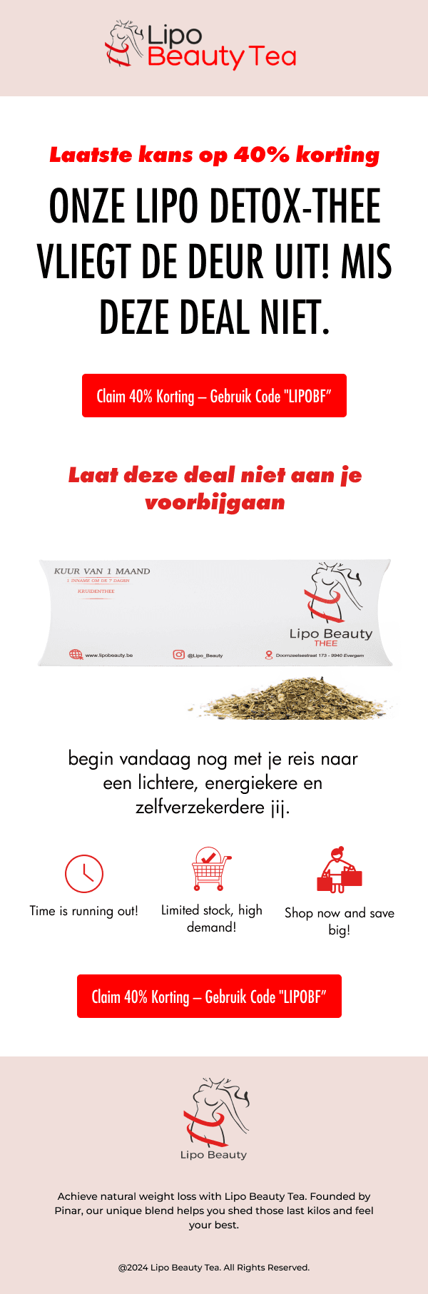 Lipo Beauty Tea last-chance email: Onze Lipo detox-thee vliegt de deur uit, with a 40% discount code button and three benefit icons