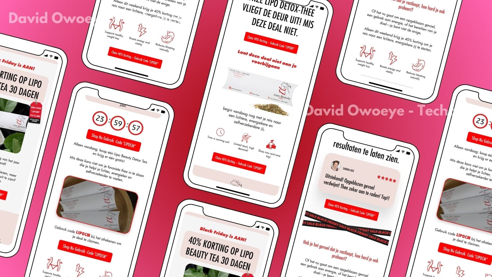 A collage of phone mockups showing the Lipo Beauty Tea Black Friday and Cyber Monday emails