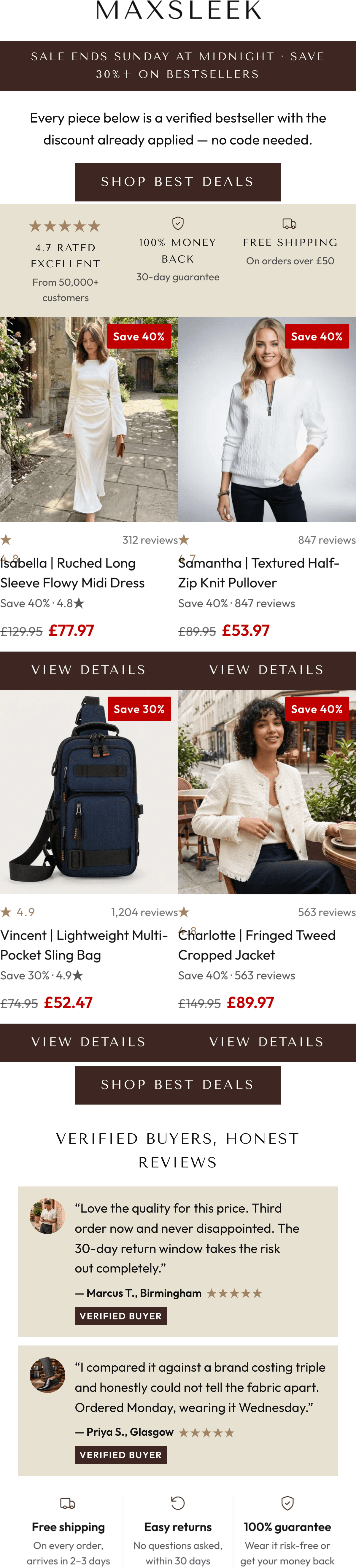 A MaxSleek sale campaign email showcasing discounted bestselling products with review counts and star ratings