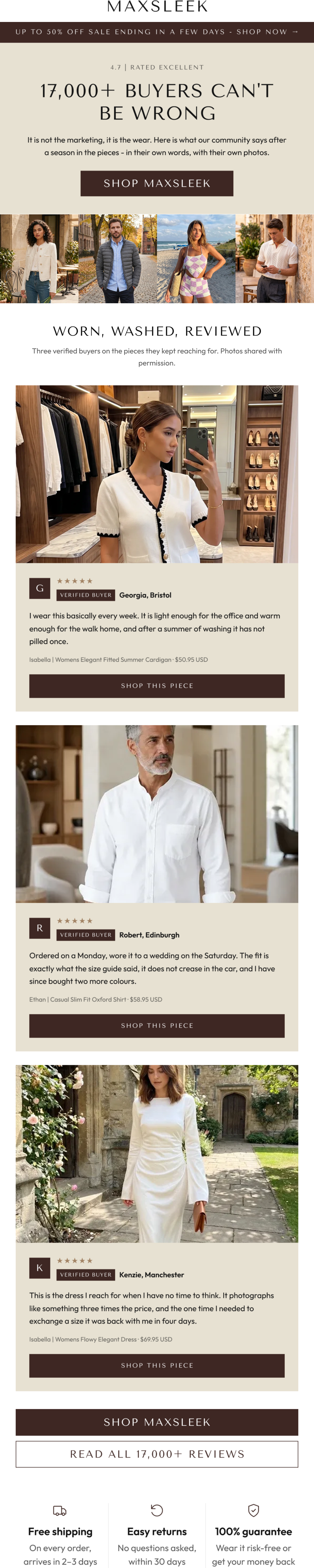 A MaxSleek campaign email featuring named verified-buyer reviews (Georgia in Bristol, Robert in Edinburgh, Kenzie in Manchester) alongside product photography