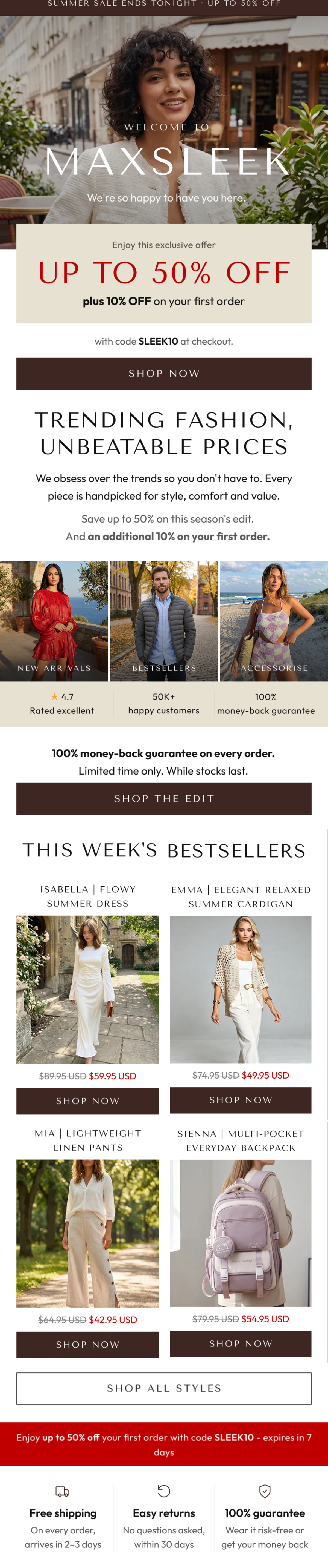 The newly built MaxSleek welcome email, showing the signup discount offer and bestselling product grid