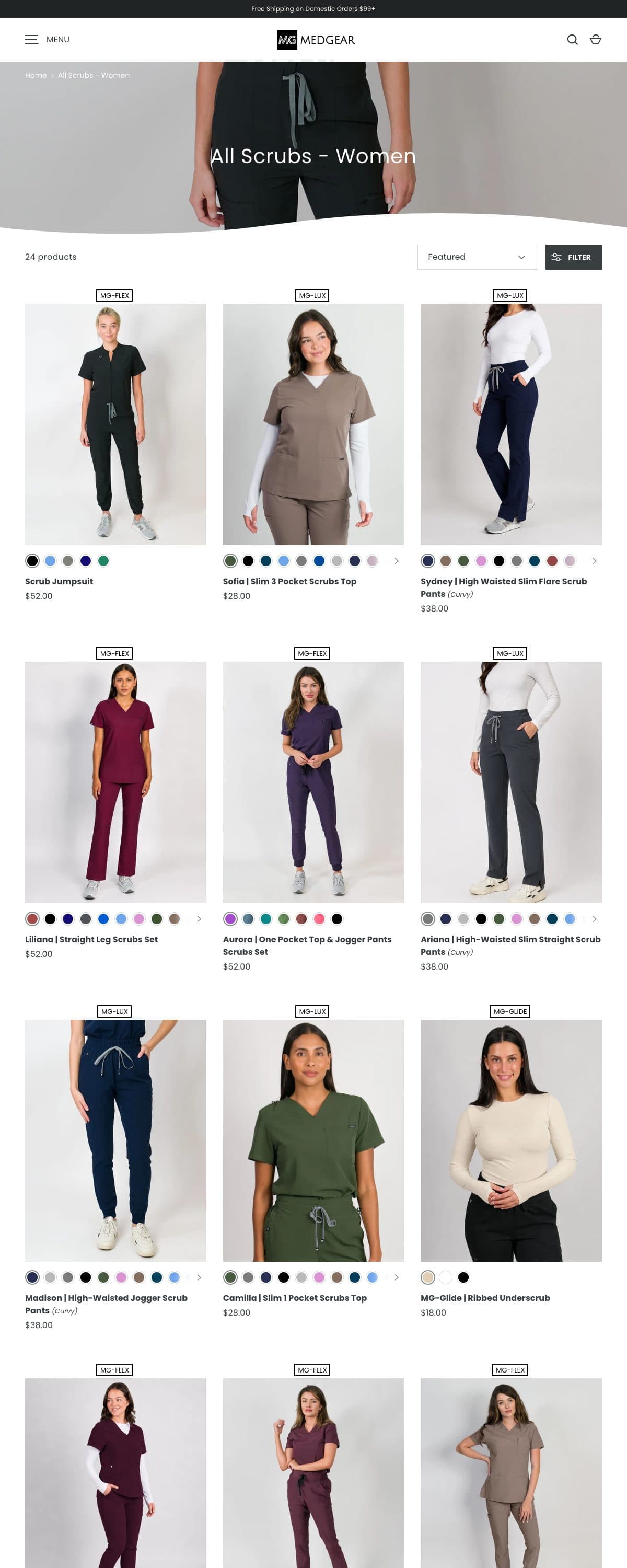 The Medgear All Scrubs Women collection page, a filterable grid of scrub sets with color swatches and prices