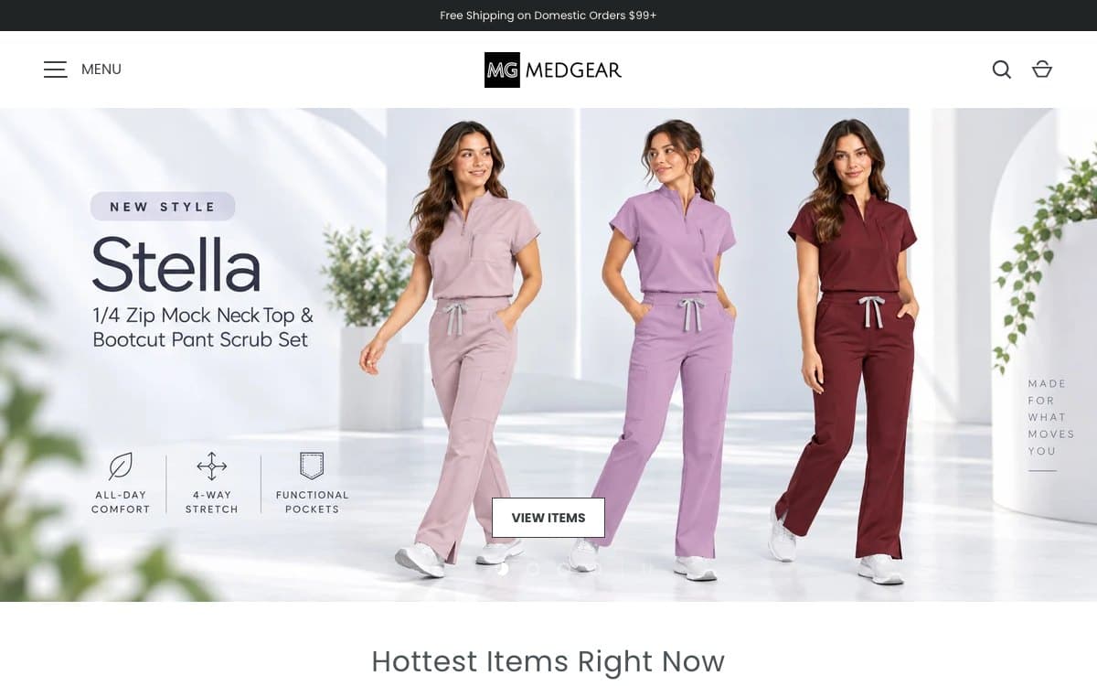The Medgear homepage hero, showing a nurse in black scrubs beside the headline New underscrub color Oat Milk