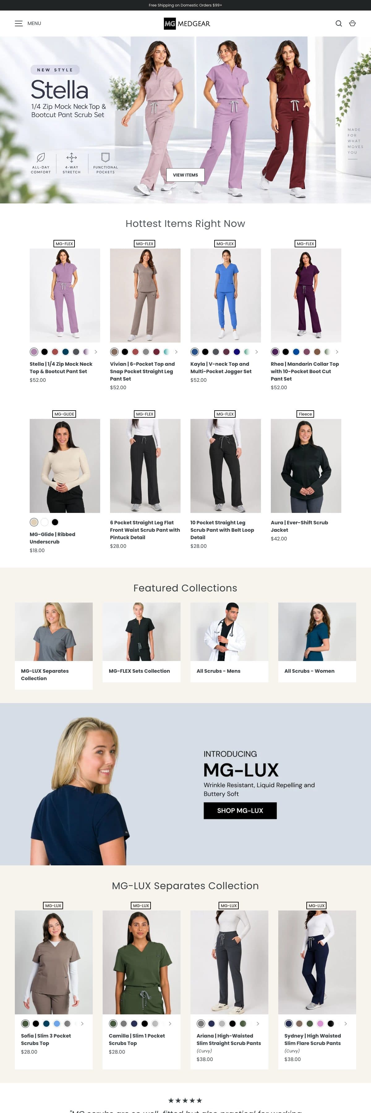 The Medgear homepage, with a promotional hero, best selling scrubs, featured collections, the MG-LUX launch, a customer quote and customer reviews