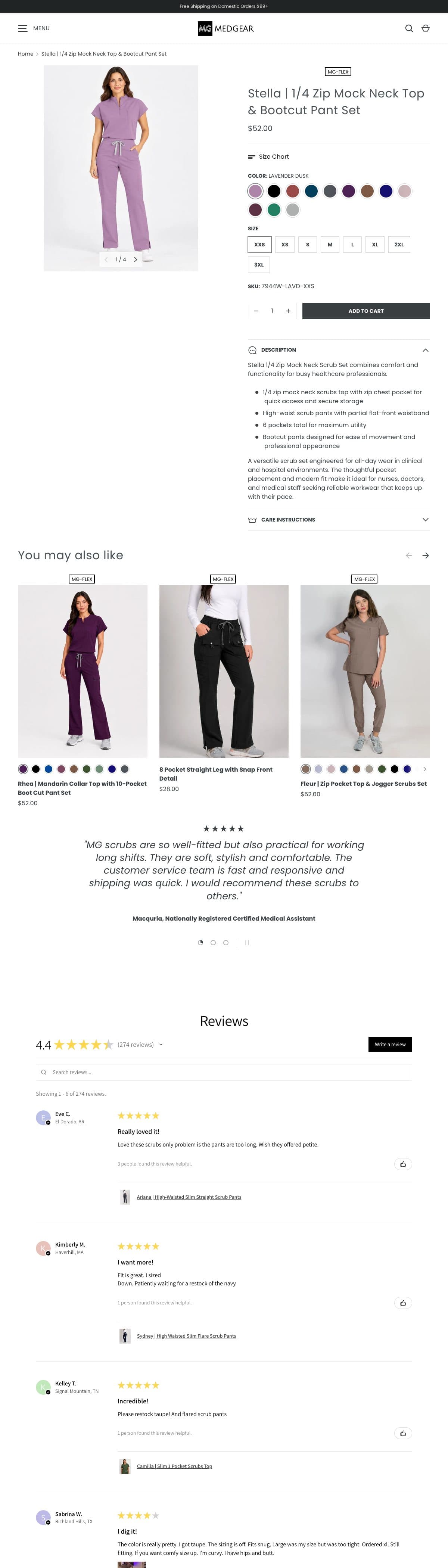 A Medgear product page for the Stella quarter zip scrub set, with color and size options, a description, related products and customer reviews