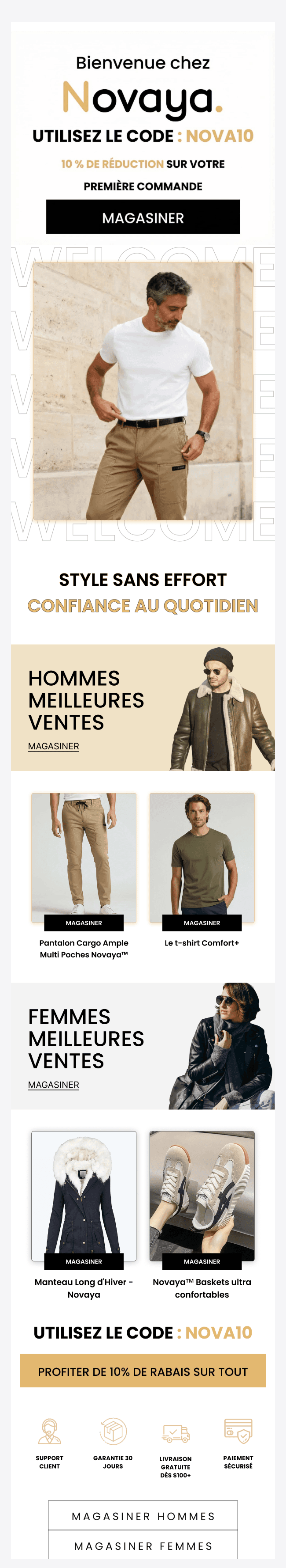 The rebuilt Novaya welcome email, showing the discount offer, hero product photography, and best-seller product grid