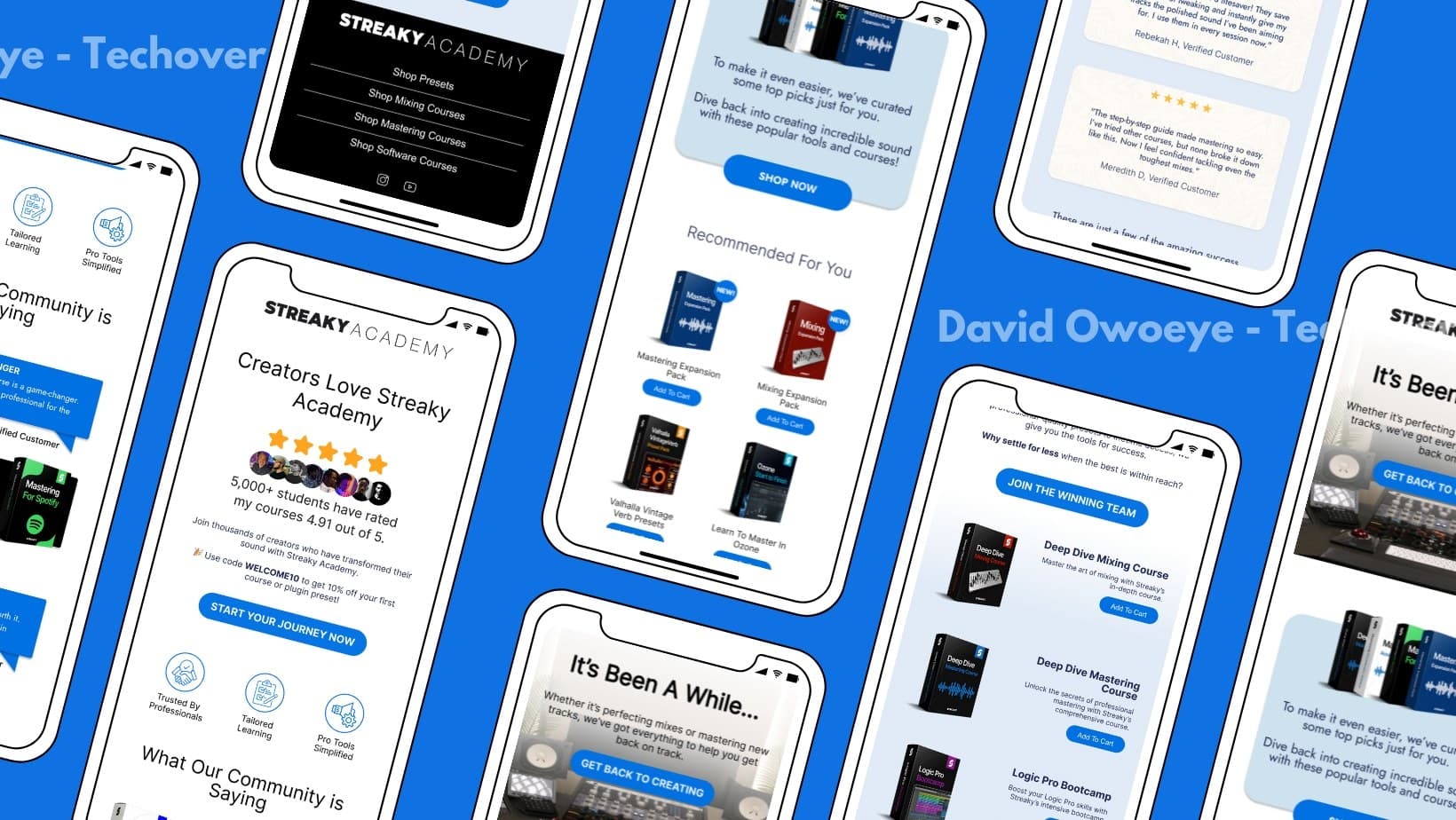 A collage of phone mockups showing Streaky Academy emails, including the welcome, social proof, and course recommendation designs