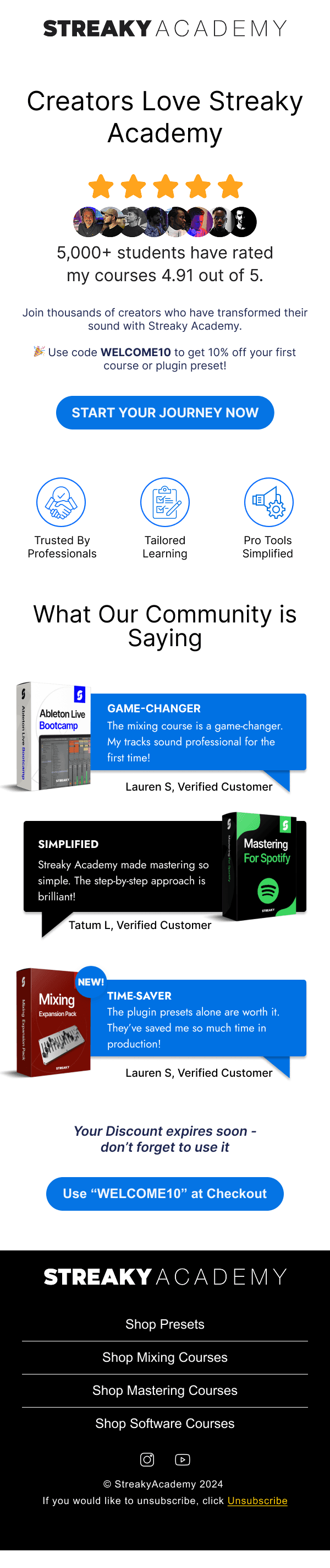 Streaky Academy email: Creators love Streaky Academy, with a 4.91 out of 5 rating from 5,000+ students and customer reviews