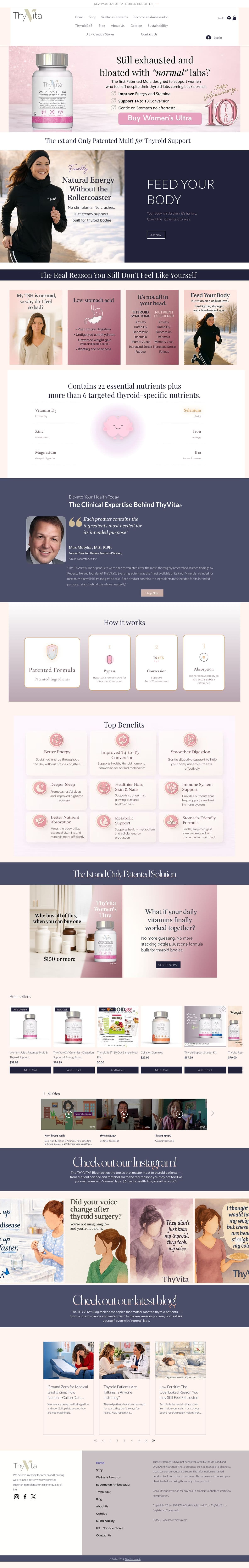 The ThyVita homepage, with a Women's Ultra hero, the reasons you still don't feel like yourself, the clinical expertise behind ThyVita, how it works, top benefits, and best sellers