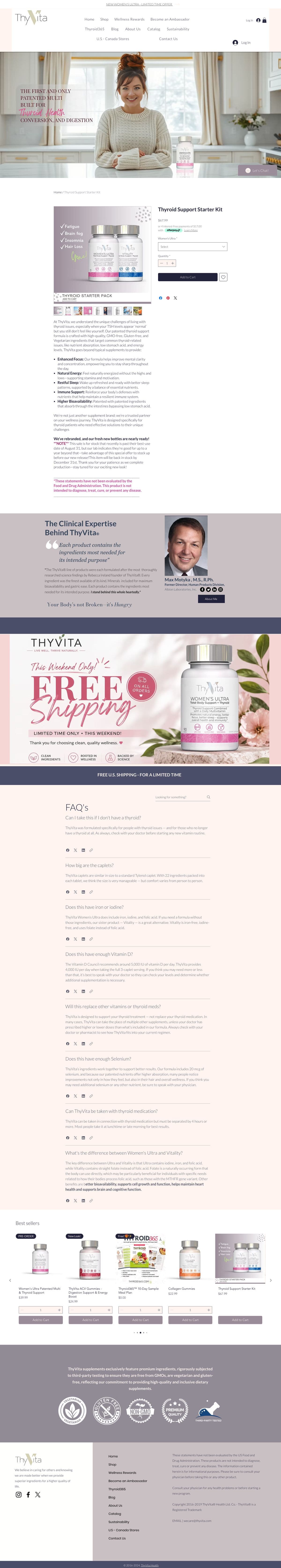 The ThyVita Thyroid Support Starter Kit product page, with a photo gallery, Afterpay pricing, the clinical expertise section, and FAQs
