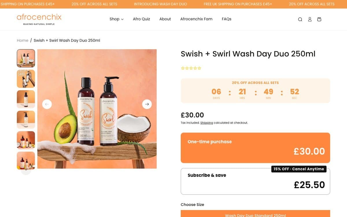 The Afrocenchix Swish and Swirl Wash Day Duo product page with subscribe and save pricing